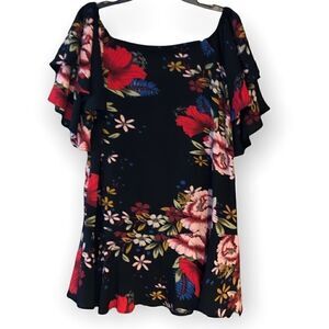 Luxe Apothetique S NWT Black Red Large Floral Mini Flowy Ruffle Light Dress